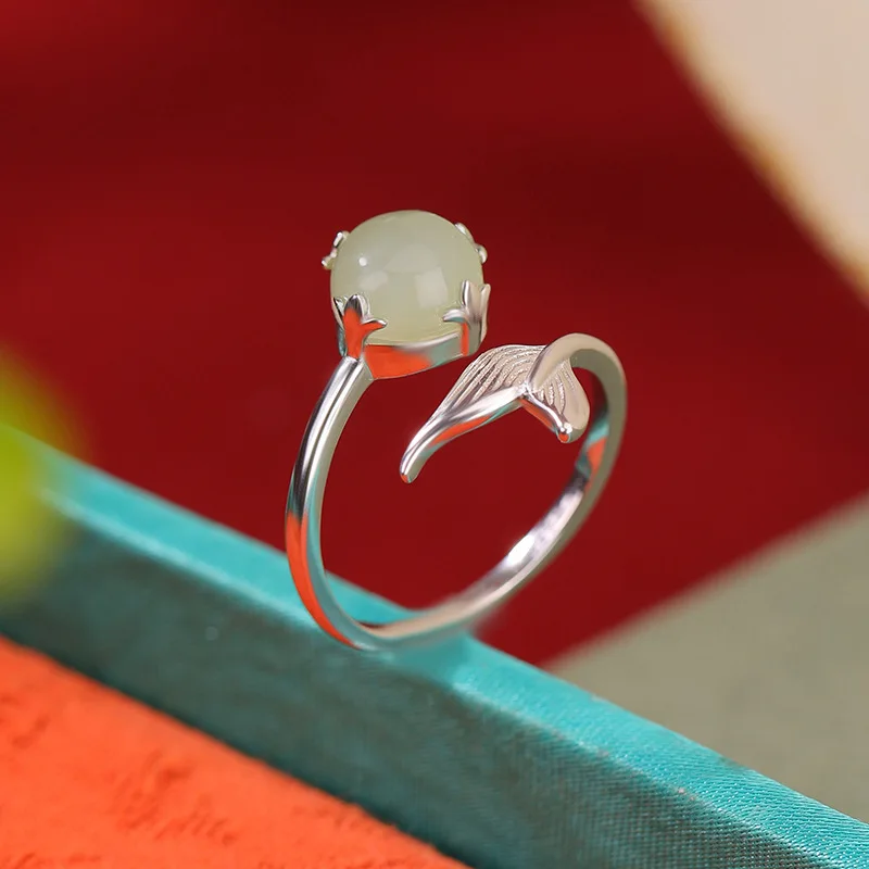 Hetian S925 Sterling Silver Jade Fish Tail Round Bead Fashionable Korean Style Open Ring