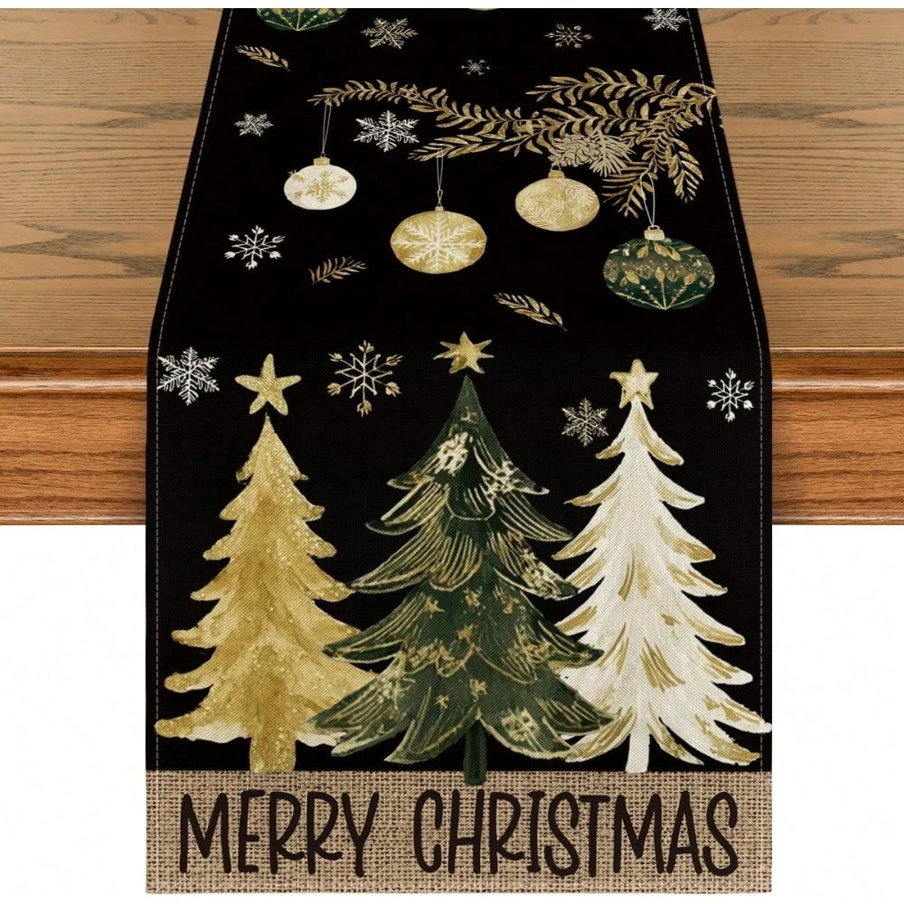 Christmas Tree Gold Black Table Runner Festive Ornament Pattern Table Decor for Holiday Dining Party Decor Luxury High Quality