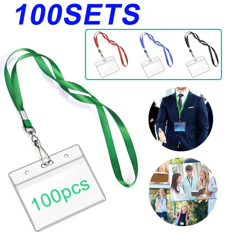 100SETS Lanyards with Clear Plastic Horizontal Name Badge Student ID Card Holders Waterproof Polyester Lanyard Phone Keychain