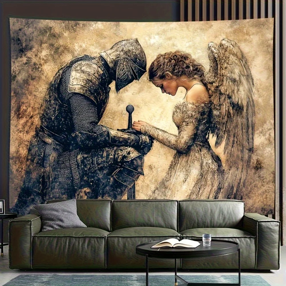 Epic Fantasy Wall Tapestry Canvas Art Angel and Knight Warrior Decor Medieval Gothic Style Home Hanging Poster Print Gift for