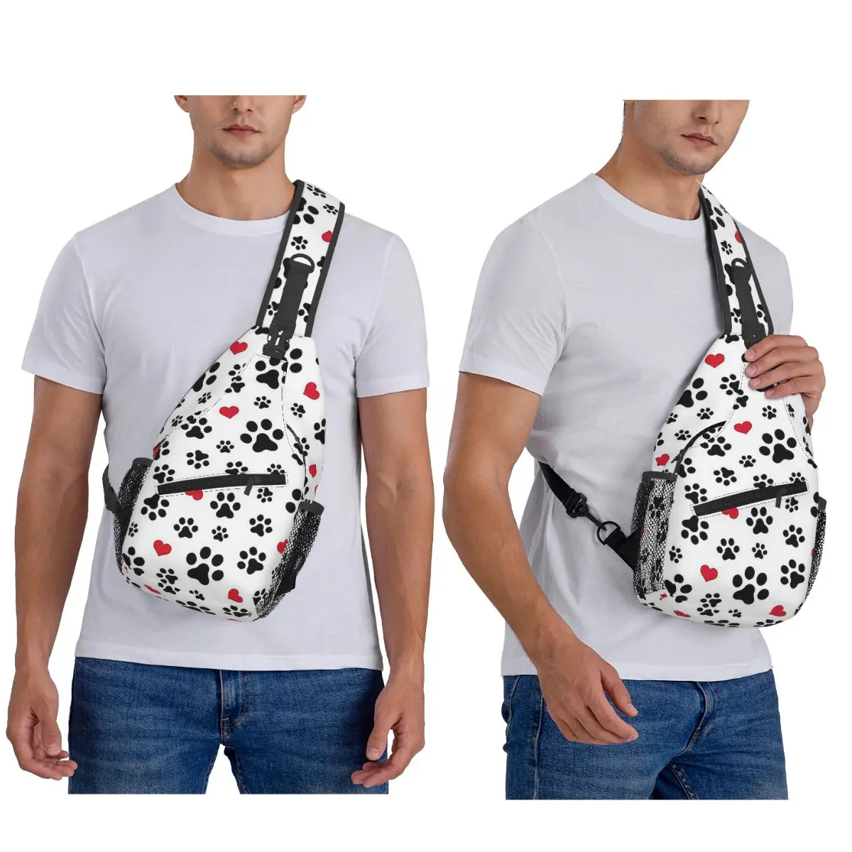 Dog Paw Cat Heart Love Chest Bag Men Sling Crossbody Backpack Chest Bag Travel Hiking Daypack Shoulder Bag