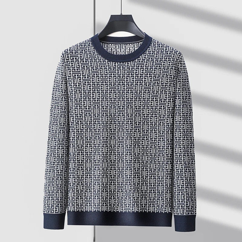 High end brand luxury round neck sweater men\'s 2024 autumn winter new fashionable personalized printed casual knitted pullover