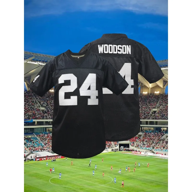 قمصان كرة قدم أمريكية مطرزة بأحرف سوداء مكونة من 24 قميص شبكي كلاسيكي فضفاض قابل للتنفس للبالغين زي كرة القدم