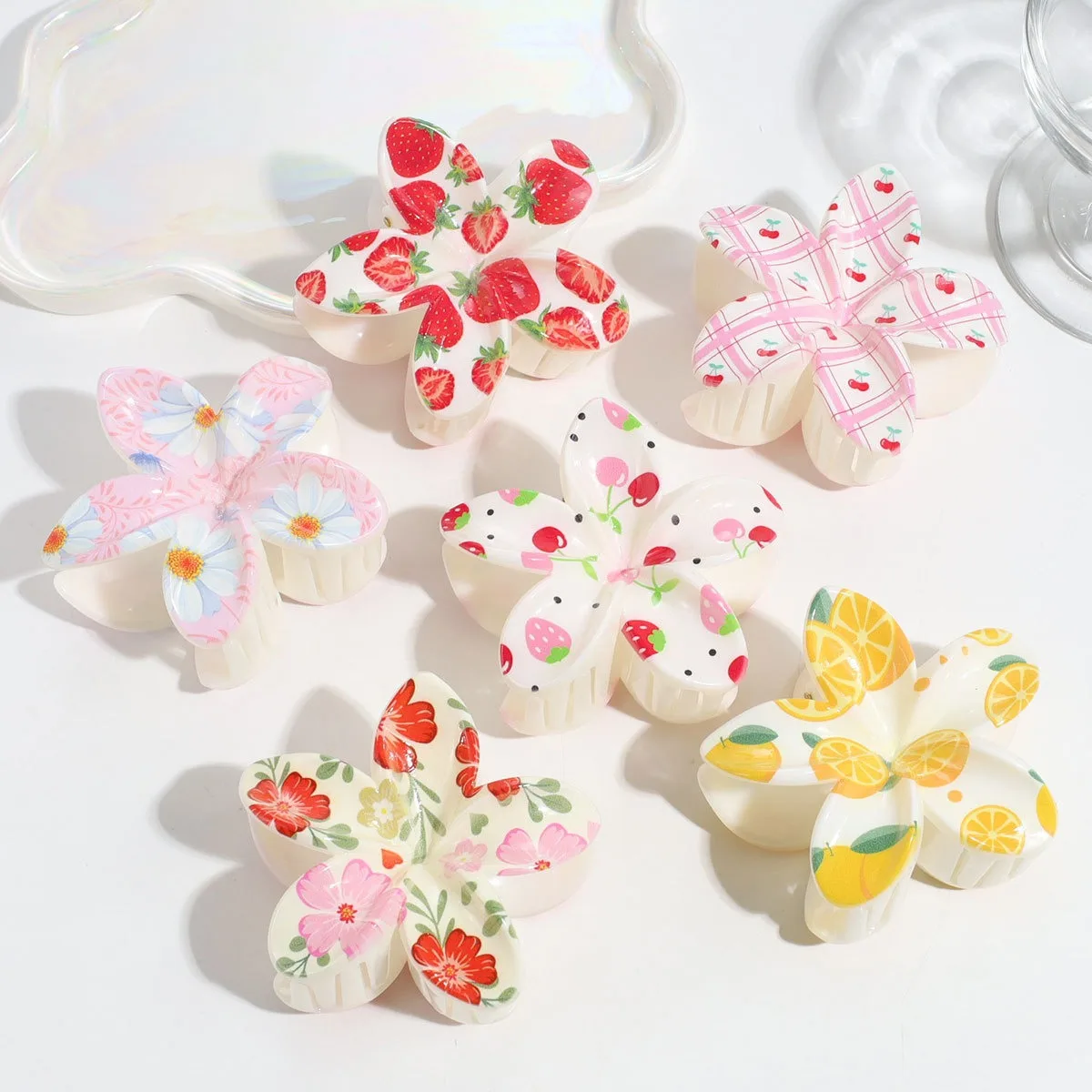 

3 шт., милый модный красочный фруктовый цветок с принтом яичного цветка, женский пластиковый зажим для захвата, маленький свежий игривый хвостик, аксессуар для волос