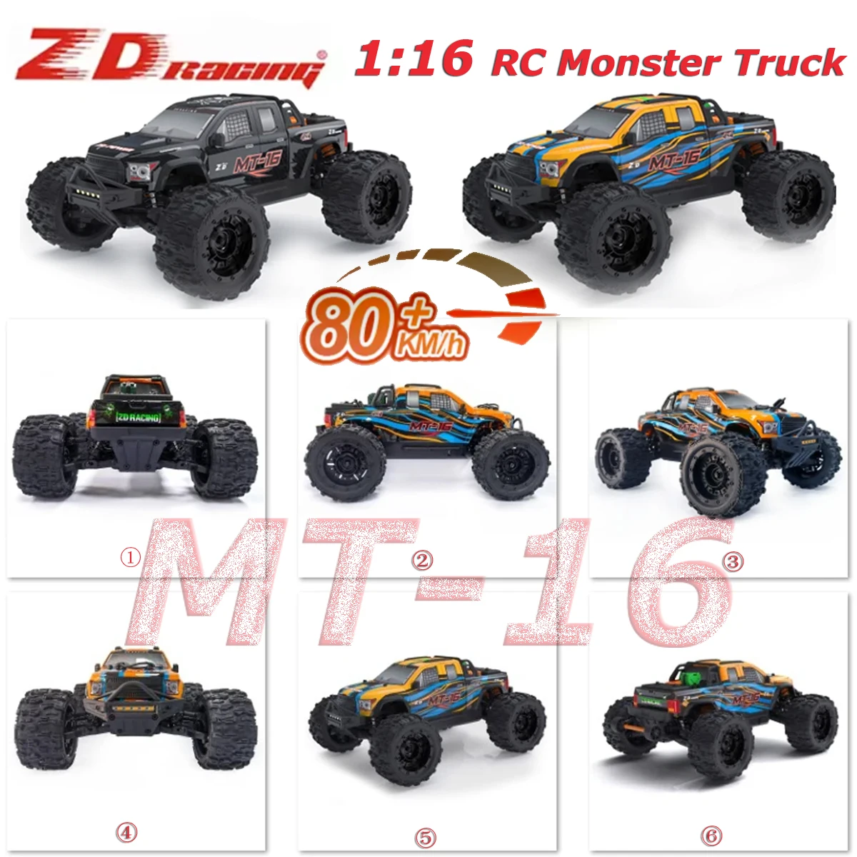 

ZD Racing MT-16 1:16 RC Car 4WD 2.4GHZ Remote Control MT16 Monster Truck Off-Road Car 2845 Brushles Motor w/ 35A ESC 3S 80Km/h