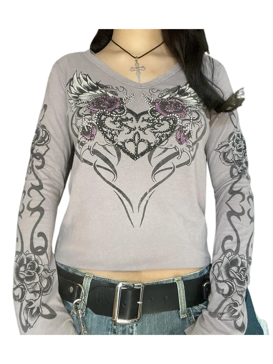 T-shirt grafica da donna con strass, girocollo, manica lunga, top Grunge, casual streetwear