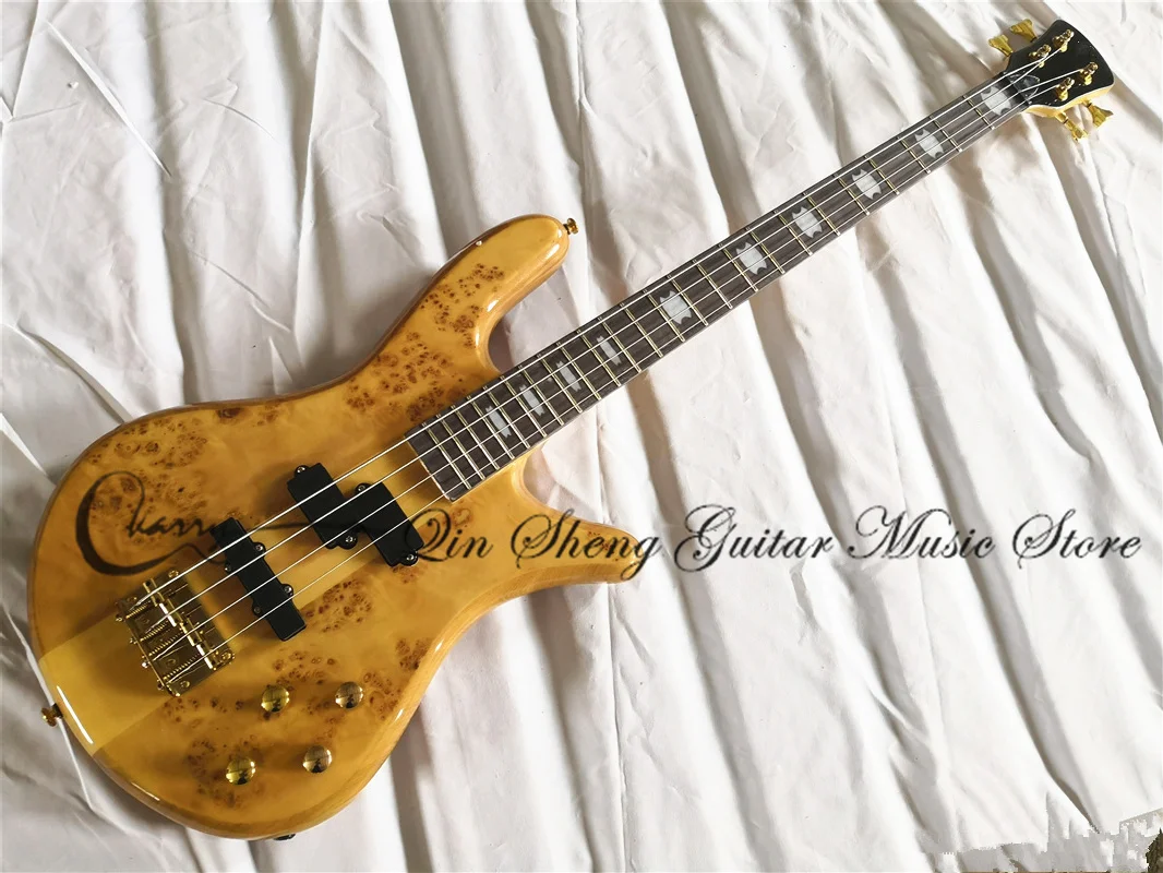 4 String Bass Guitar Spe Bass Burl Maple Top Maple Neck Through Ash Body Fixed Bridge Gold Tuner Active Battery