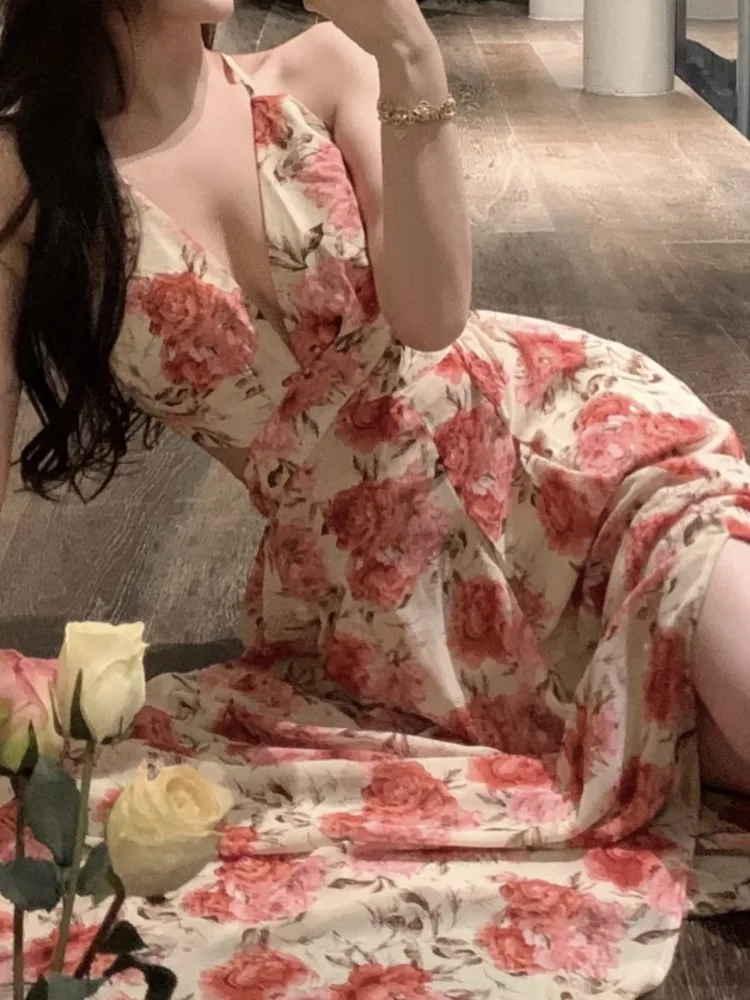 فستان نسائي بزهور بحمالات رفيعة ، فساتين ماكسي نسائية ، على شكل حرف A ، بلا أكمام ، خمر ، أنيق ، بوهو ، شاطئ ، عطلة ، صيف