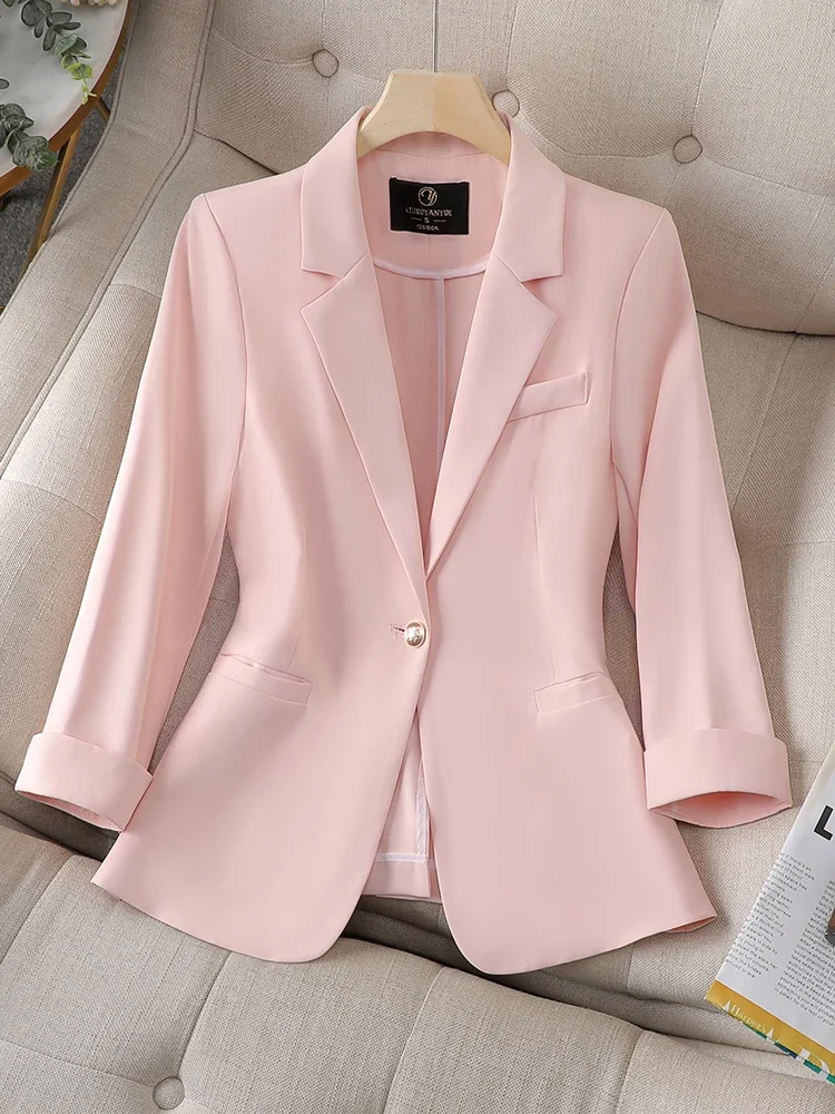 Women Suit Formal Blazer With Lining Office Lady Female Blue Pink Black Solid 3/4 Full Sleeve Business Work Wear Jacket Coat