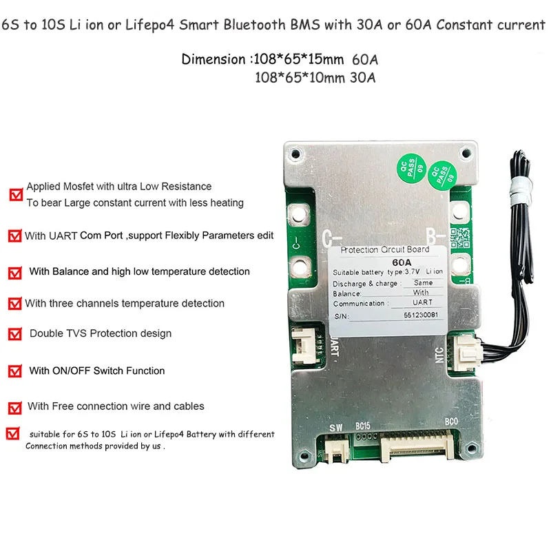 6S 7S 8S 10S li ion or lifepo4 smart BMS 24V 36V Bluetooth intelligent battery PCB board with 30A 60A Constant current