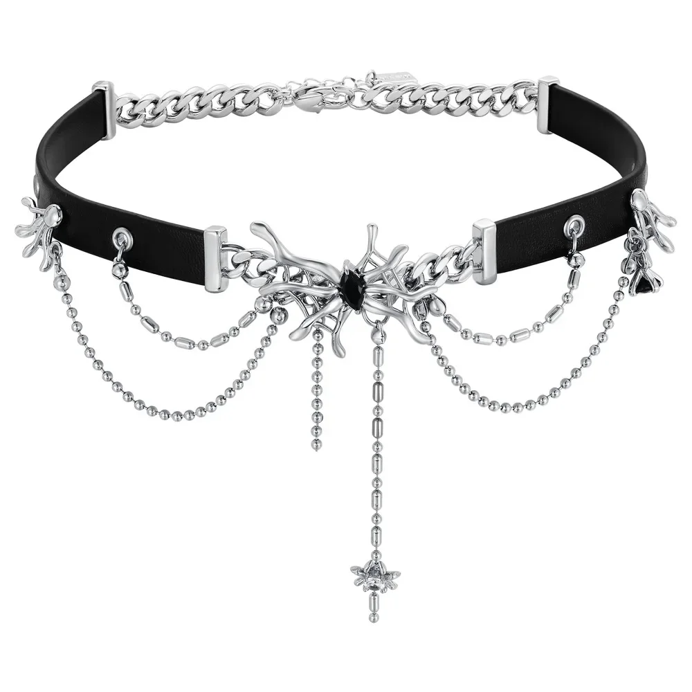 

2025 Niche sweet and cool girl choker spider web necklace Street hip-hop Instagram short leather necklace girl