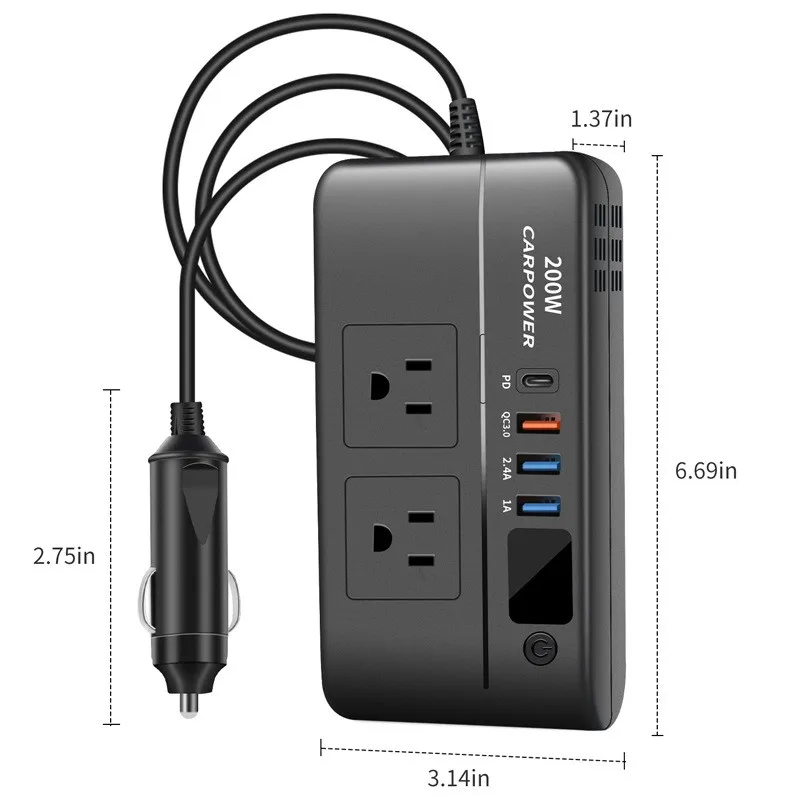 200W Car Inverter, DC 12V to 110V AC Car Power Inverter with USB Type-C Used for Computer, Cars and Trucks (Black)