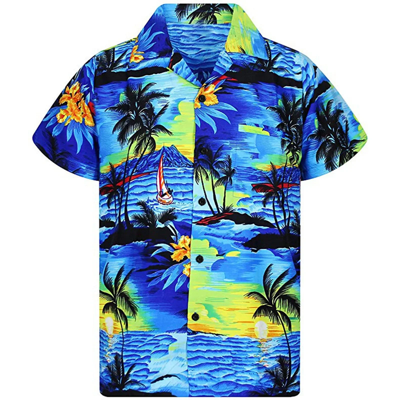 Men's Palm Print Beach Hawaiian Lapel Shirt Summer Men's Button Up Hawaiian Print Beach Short Sleeve Quick Drying Top