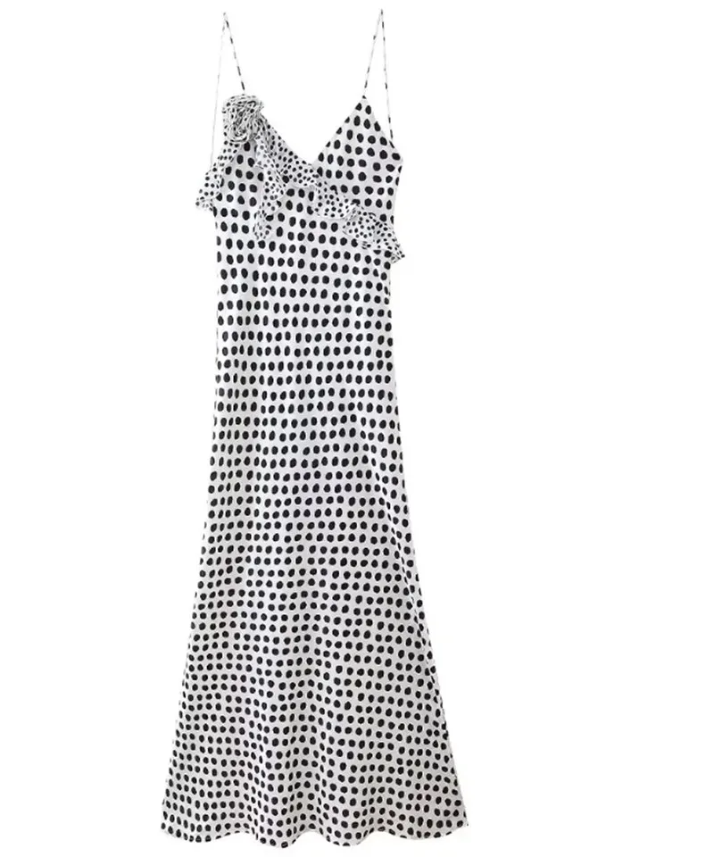 Polka Dot Layered Sexy Backless Dresses Women 2024 Summer New Sleeveless V-Neck Midi Dress Female Streetwear Flower Dresses