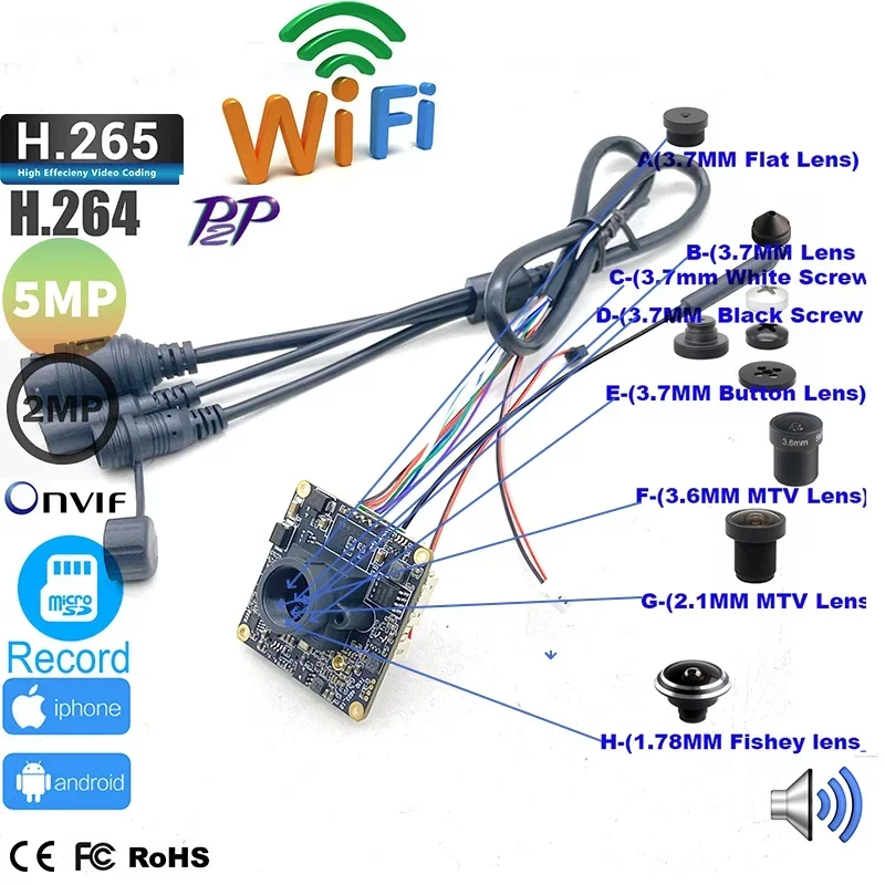 2MP 1080P 5MP HD Onvif P2P Size 38*38mm Audio Wireless IP Camera Module Mini Wifi SD Card Slot Camhi Home Security Camera System