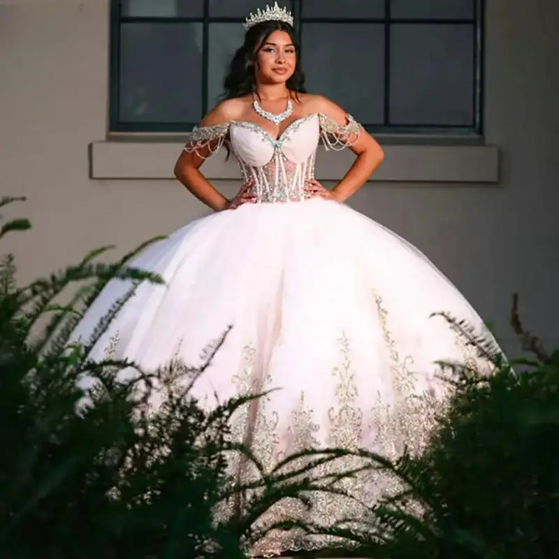 Customized Princess Off The Shoulder Beading Tassel Quinceanera Dresses Ball Gown Gold Appliques Lace Sweet 15 Años Mexican
