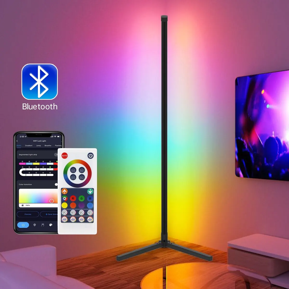 RGB Corner LED Floor Lamp Music Mood Lighting Sync Dimmable DIY Colors Scene Modes Gaming Light Timing Stand Lights for Bedroom
