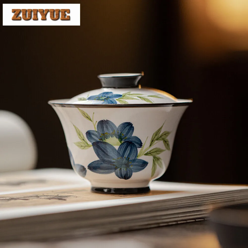 110ml Hand-painted Magnolia Gaiwan Handmade Blue and White Pottery Tea Tureen Traditional Tea Maker Cover Bowl Drinkware Craft