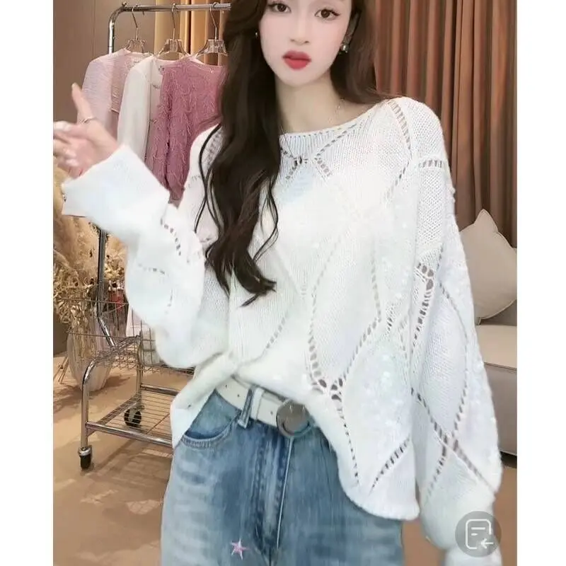 2024 New Spring Argyle Plaid Sequin Hollow Out Pullover For Women O Neck Long Sleeve Knitted White Lazy Style Loose Sweater Tops