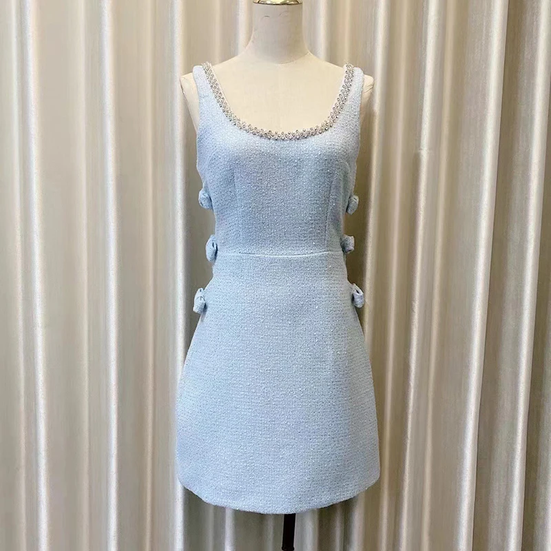 

Small Fragrant Luxury Sequined Beading O-neck A-line Mini Dresses 2025 Spring High Quality Dress Women White Blue Vestidos