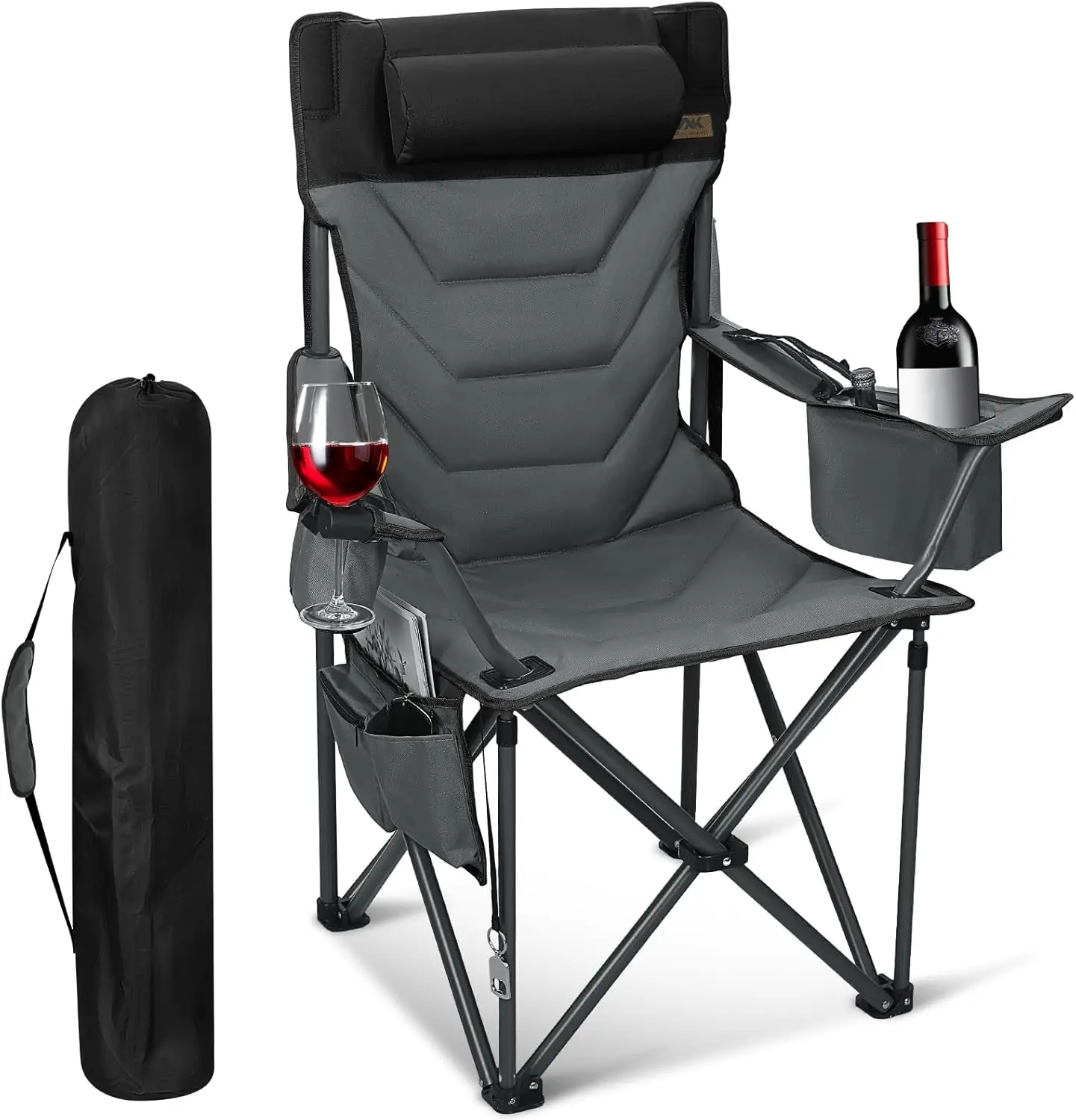 

Oversized High-Back Camping Chair with Pillow, Cup Holders & Cooler Bag - Foldable Outdoor Chair for Adults, Picnic, Fishing