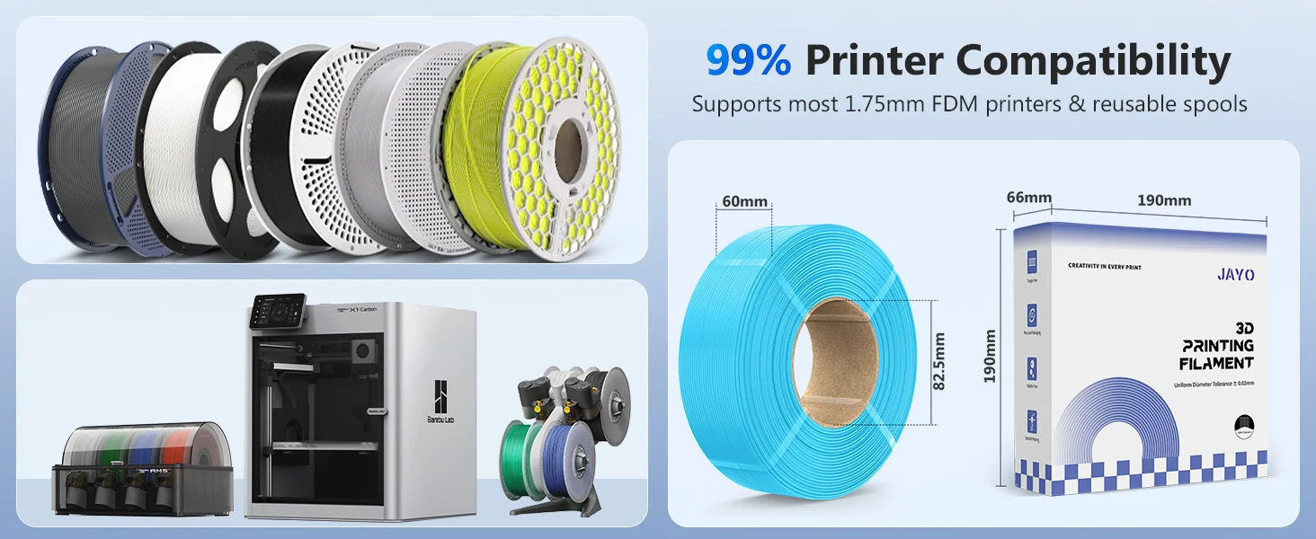 JAYO 3D PLA Nachfüllpack 3D-Drucker Filament 1,1kg Wiederverwendbare Spule zum Nachfüllen für Bambu Lab mit Geringer Verformung Passend für die Meisten Wiederverwendbaren Spulen – Detail 6