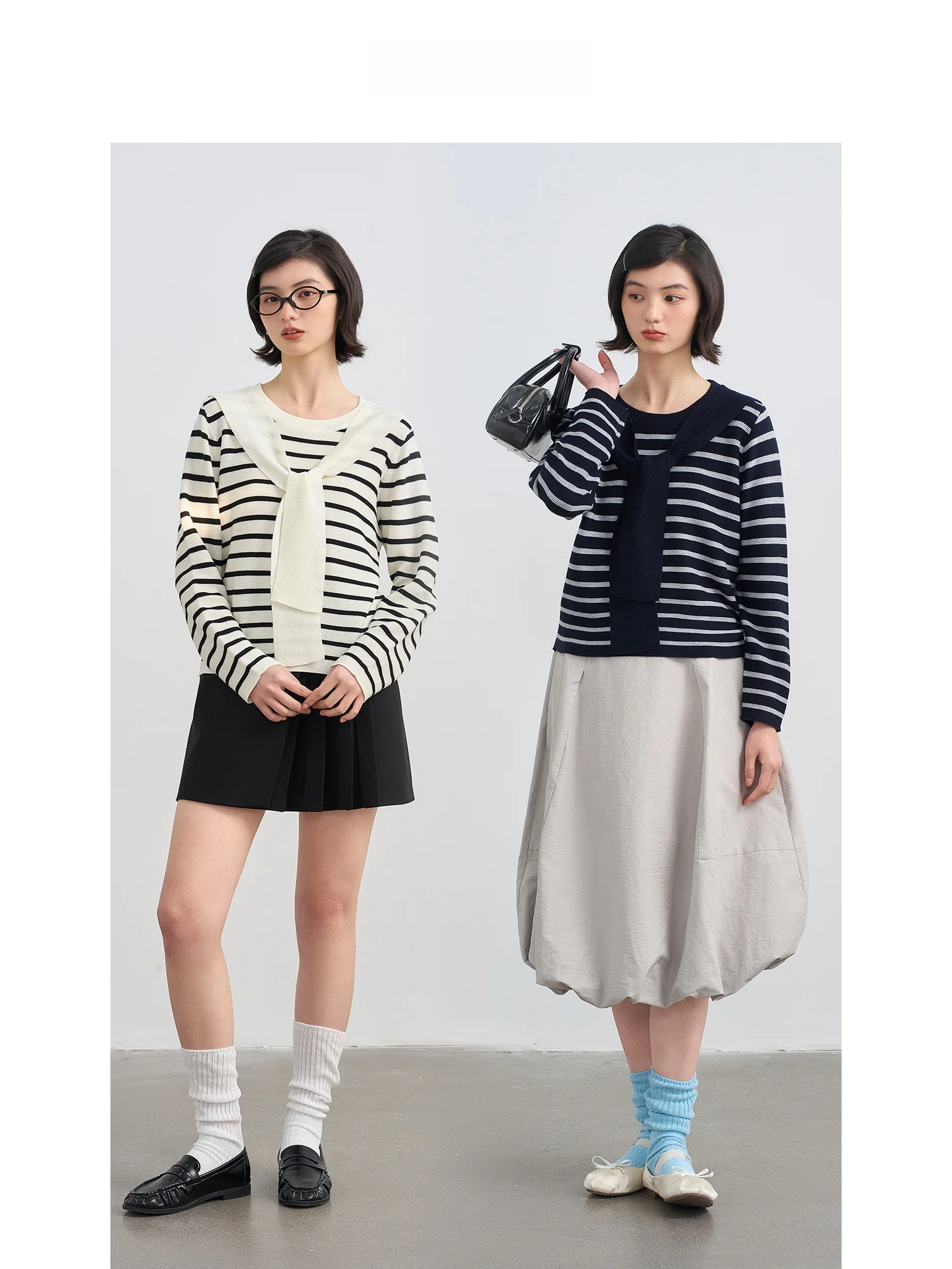 

Gansen Fashionable Elegant round Neck Striped Knitted Sweater Apparatus Two-Piece Look Lazy Style Slimming Top Women's Wear