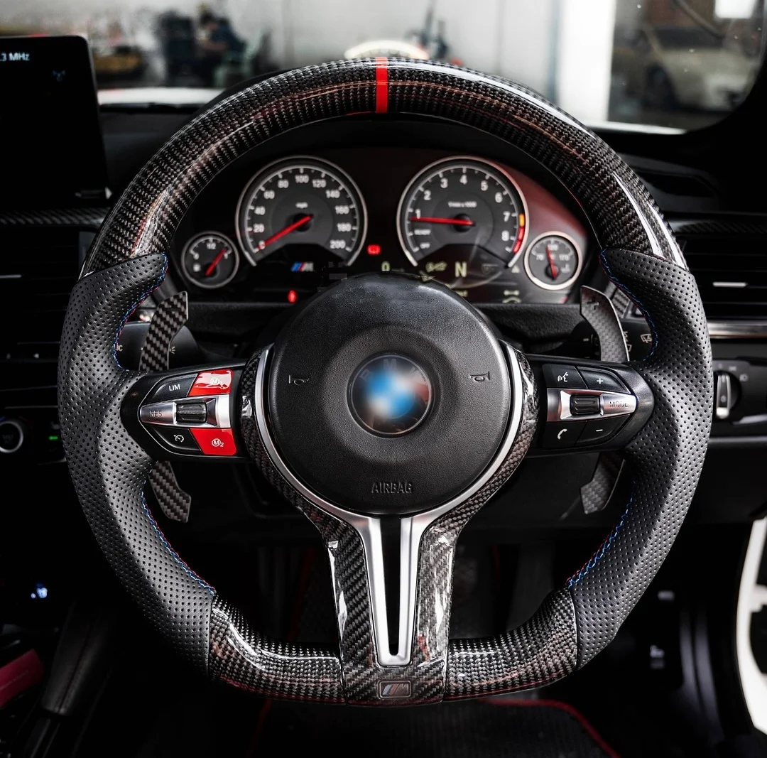 

Custom Carbon Fiber Flat Bottom Steering Wheel for BMW M2 M3 M4 F Chassis - Red Stripe Drift Look Interior Upgrade