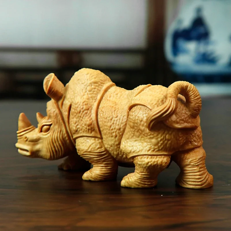 

Poplar wood carving ornament rhino hand handle piece beast animal Chinese home decoration handicraft gift