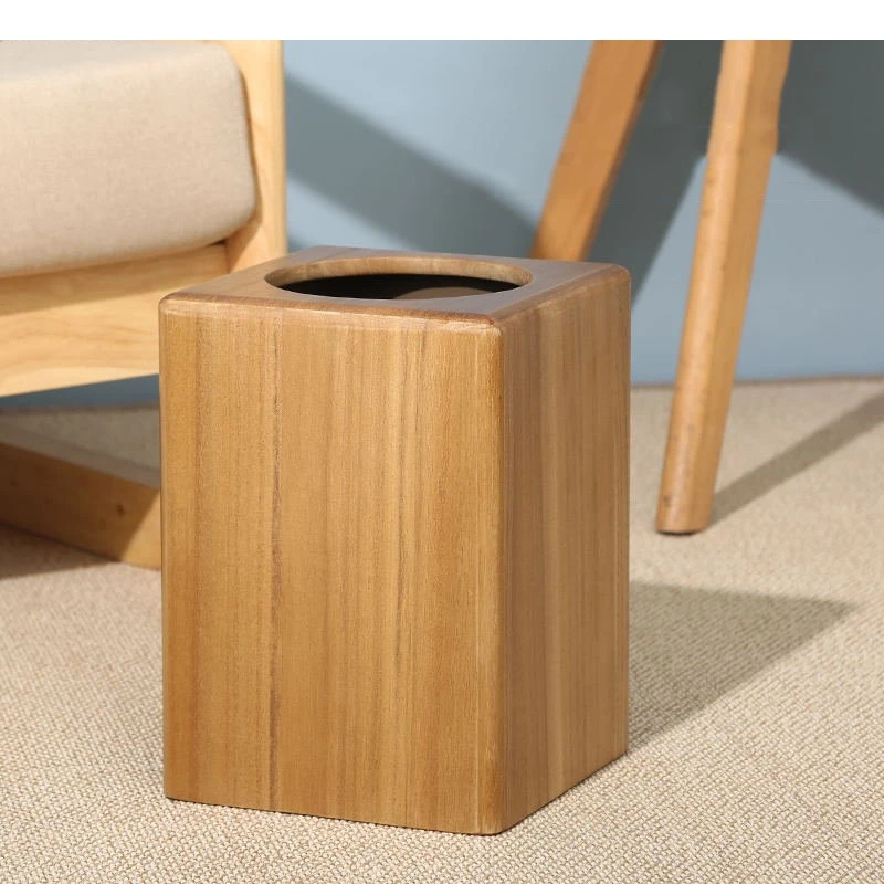

Simple Rectangular Wooden Trash Can PP Liner Storage Bucket Home Kitchen Bin Garbage Living Room Decorations
