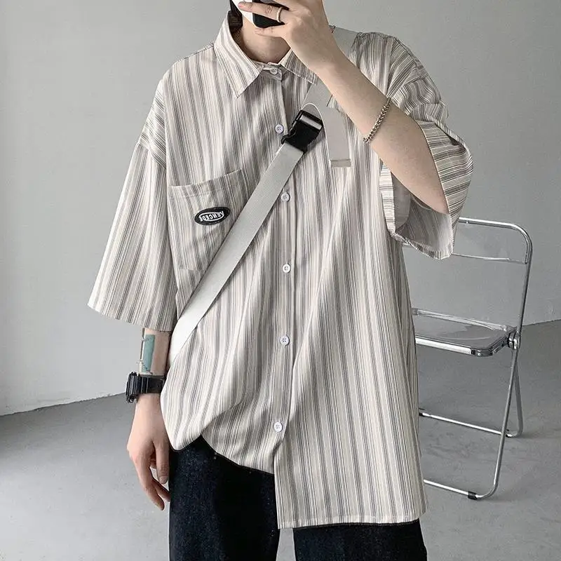 Men\'s Clothing Summer Trend Vintage Handsome Japanese and Korean Versions Striped Printed Lapel Short Sleeve Loose Button Shirt