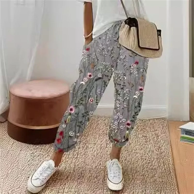 سراويل كاجوال من القطن والكتان مطبوعة من Ele للنساء فضفاضة تناسب مجموعة صيفية من الخصر سراويل مريحة للسيدات