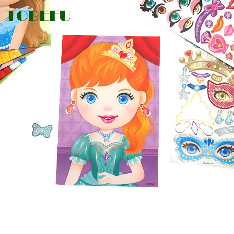 9PCS/SET DIY Stickers Make-a-Face Princess Animal Dinosaur Assemble Toys Children Puzzle Games for Girls Kids Training GiftS GXE