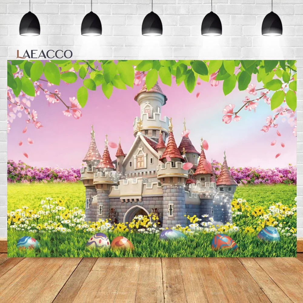 

Laeacco Spring Easter Green Grass Flower Garden Princess Dreamy Castle Photography Backdrop Baby Shower Portrait Photo Backdrop