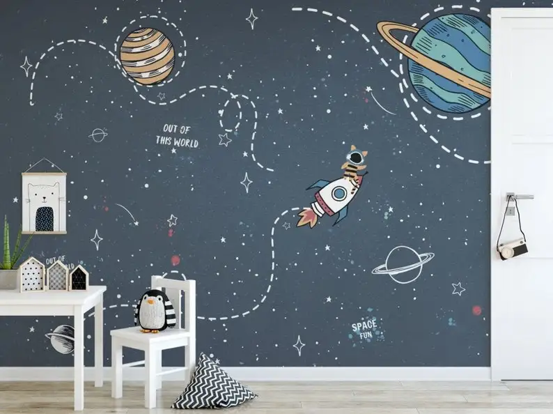 Kids Space Wallpaper Peel and Stick for Boys Cute Watercolor Spacing Wall Murals