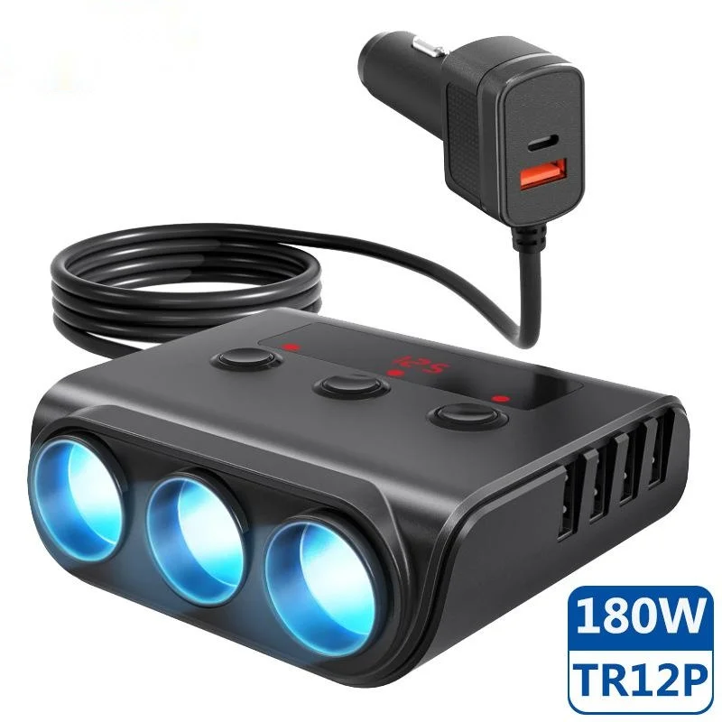 TR12P 180W 9in1 4 Usb Ports Car Charger QC3.0 Quick Charge Cigarette Lighter Adapter, 12V/24V 3-Socket Power Splitter Dc Outlet