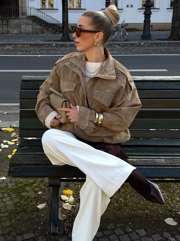 HH خمر فضفاض الصلبة سترات من جلد الغزال 2026 ربيع المرأة موضة سستة Bomber جاكيتات طويلة الأكمام التلبيب معطف الشارع أبلى