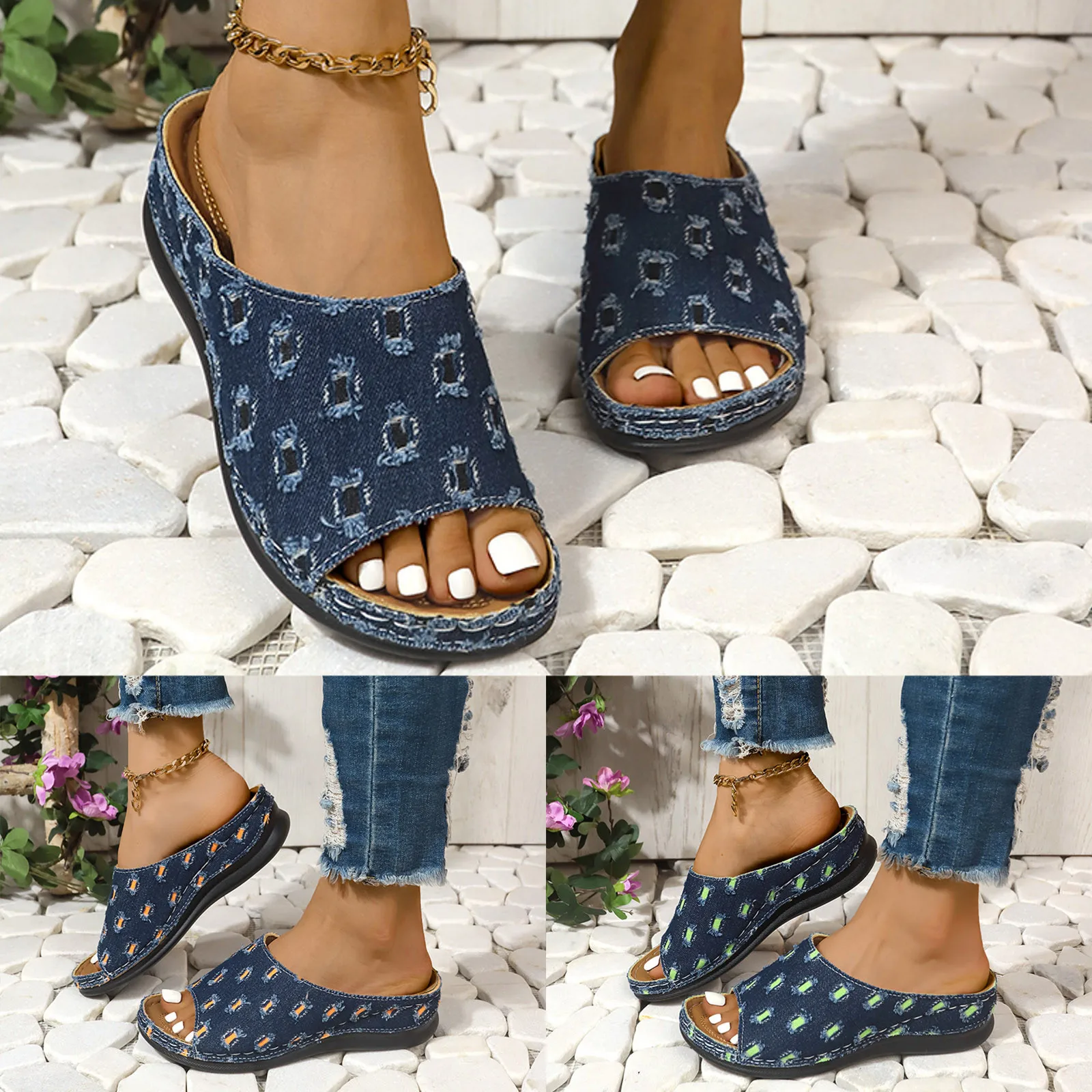 كعب للنساء ، مرقع من الدنيم ، ملابس خروج للشاطئ ، حجم كبير ، كعب منحدر ، صنادل ، نعال ، أحذية للسيدات ، الصيف ، #1