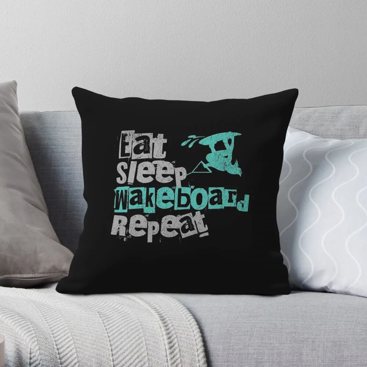 Eat Sleep Wakeboard Repeat Square Pillowcase Polyester Linen Velvet Pattern Zip Decor Throw Pillow Case Room Cushion Case