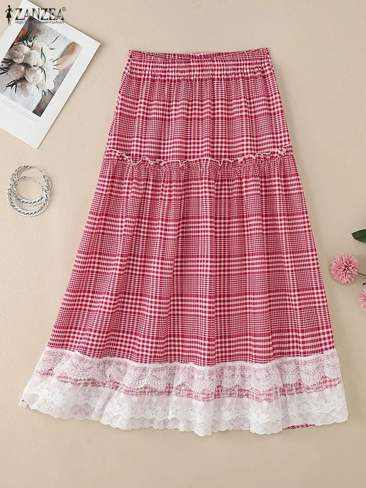 ZANZEA 女性ファッションレースパッチワークチェック柄ロングスカートエレガントな弾性ウエストフリルトリムチェック A ラインスカート女性カジュアルウェア