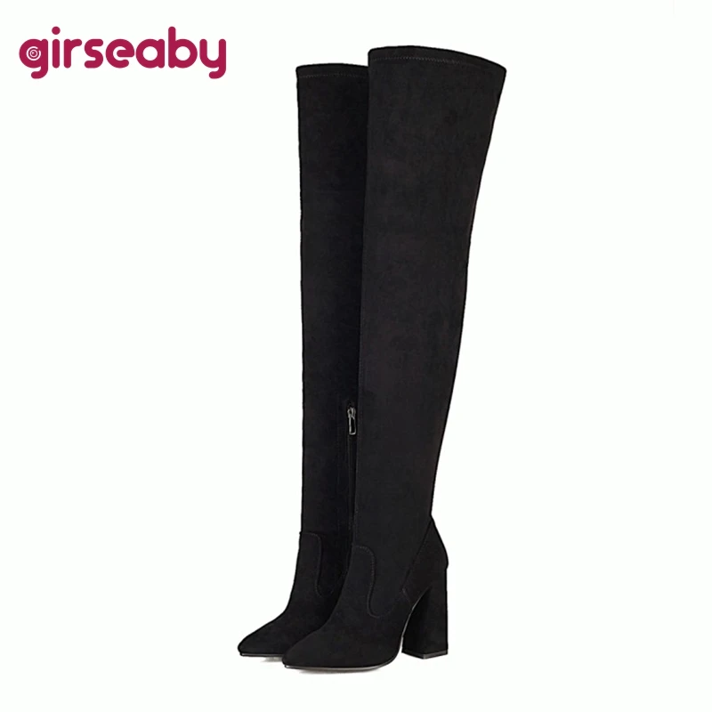 Girseaby Women Boots Over Knee 61cm Chunky Heels 10.5cm Pointed Toe Zipper Flock Suede Big Size 33 45 46 48 Green Black