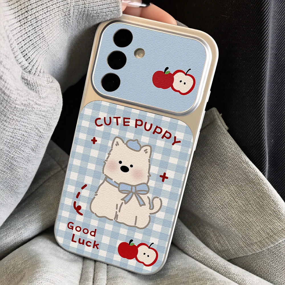 Blue Plaid Puppy Pattern Phone Case For Samsung A57 A27 A56 A16 A36 A37 A17 A07 A26 S24 S25 S26 Ultra Leather Soft Lanyard Cover view 5