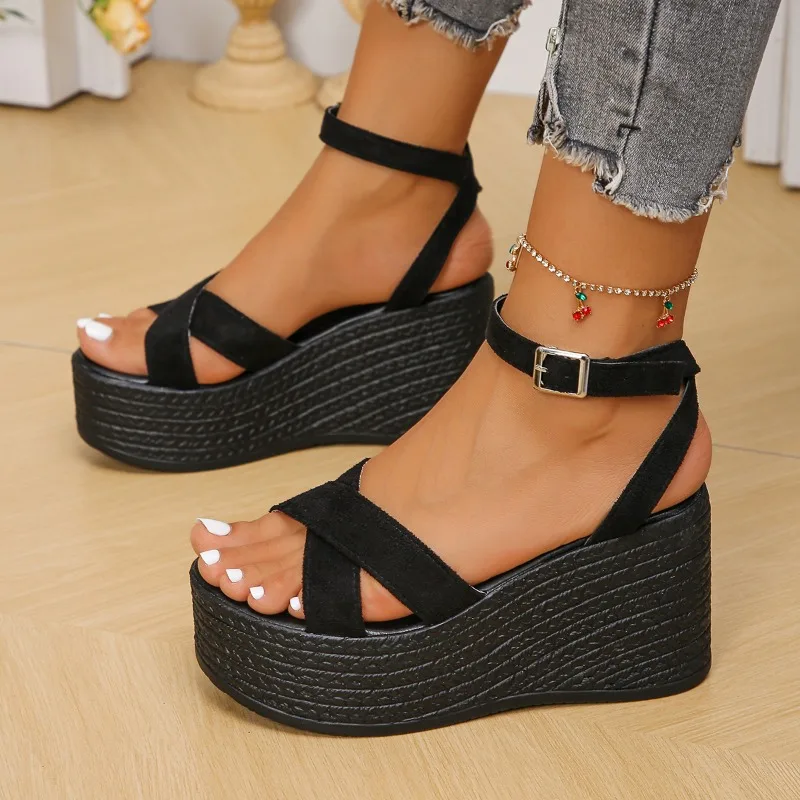 Sandalias de cuña con punta redonda para mujer, zapatos de tacón alto con plataforma de temperamento, novedad de verano