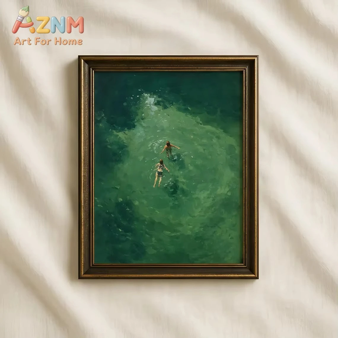 AZNM Swimming in Green Abstract Print _ Vintage Retro Wall Art _ Minimalist Green Holiday Decor