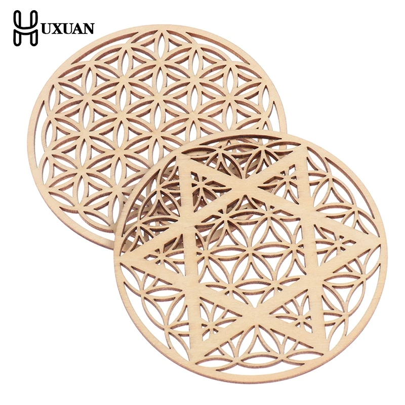 1PC Chakra Flower Of Life Natural Symbol Wood Round Edge Circles Carved Coaster For Stone Crystal Set Home Kitchen DIY Decor