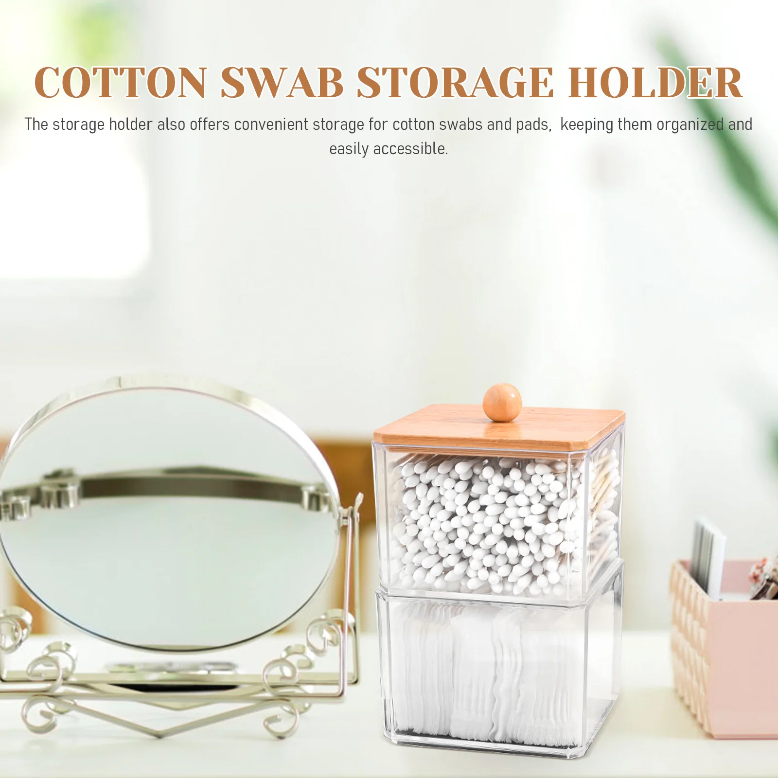 

1 set Clear Stackable Cotton Swab Storage Box Organizer Bamboo Lid Small Makeup Essentials Holder Transparent Bathroom Jars For