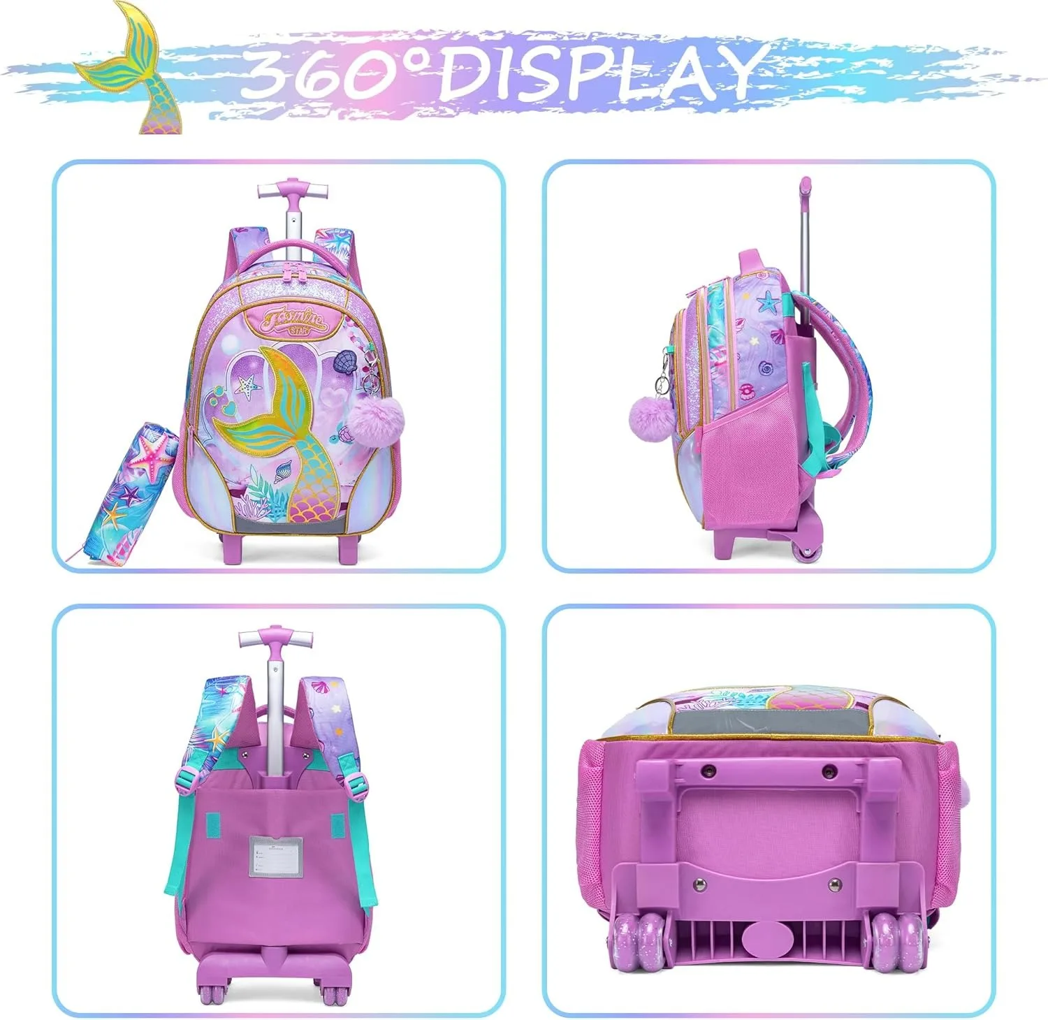 حقيبة ظهر حورية البحر للفتيات والأطفال حقيبة مدرسية بعجلات للسفر تحمل الأمتعة حقيبة كتب ذات سعة كبيرة للمدرسة الابتدائية #4