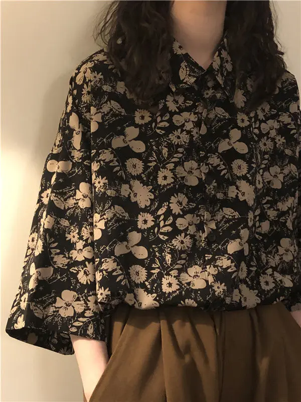 XEJ-Blusa Vintage con estampado de flores para mujer, camisa informal de media manga, de gran tamaño, para verano, Y2k, 2023