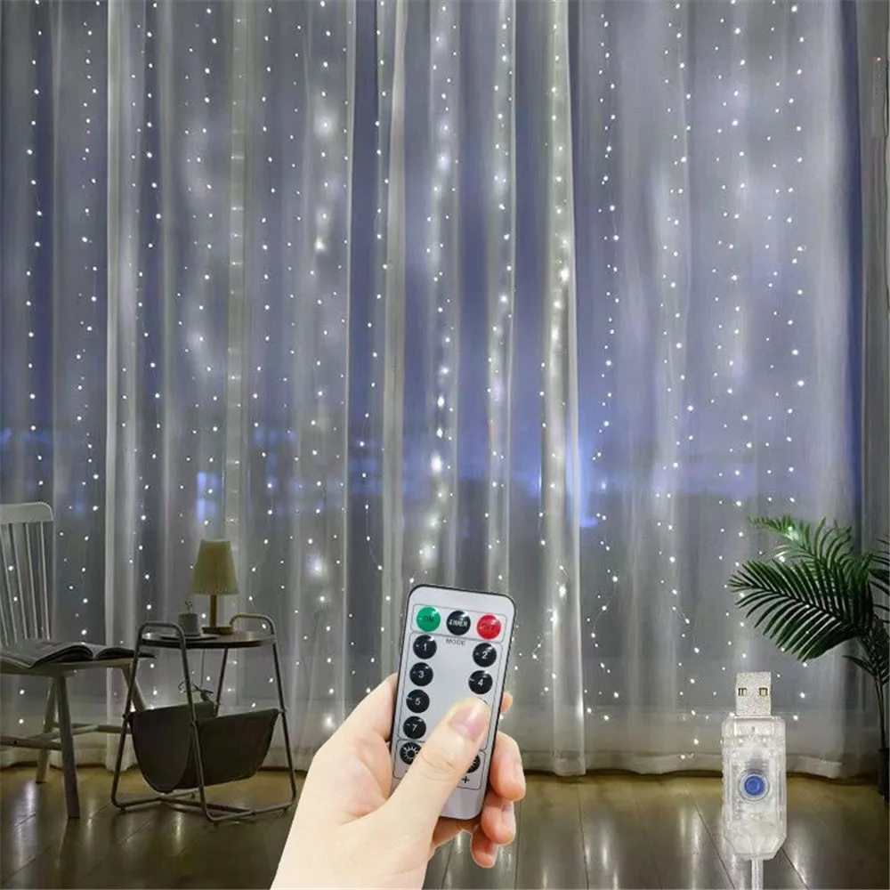 Guirnalda de luces LED para decoración navideña, luces de cortina USB de 8 modos, 3M, 4M, 6M, para fiesta, dormitorio, boda y vacaciones