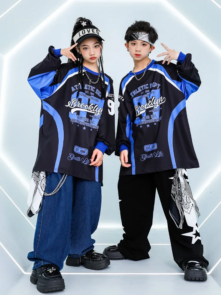 Street Dance Pants Boys Hip Hop Jeans Clothes Sets Kids Jazz Costume Girls K-pop Blue-Black Contrast Sweatshirt